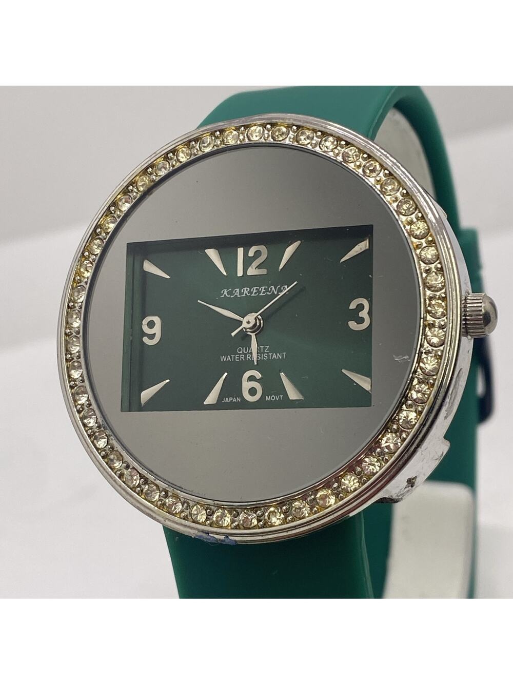 Womens Green Rhinestone Rubber Watch Works New Battery